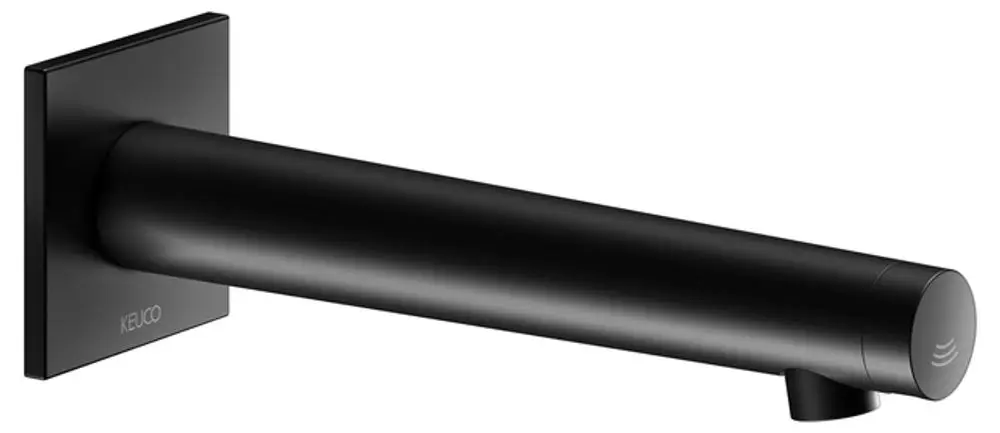 Schwarzer Wandmischer von Keuco mit einem geraden Auslauf und seitlichem Hebel zur Temperatur- und Mengeneinstellung. Minimalistisches Design mit quadratischer Wandplatte.